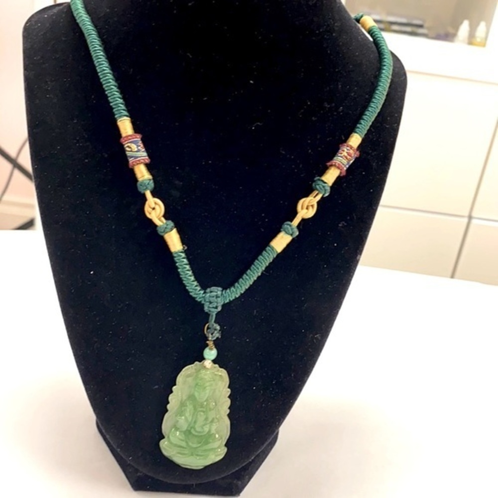 Jade Buddha Pendant on Silk woven Cord Necklace